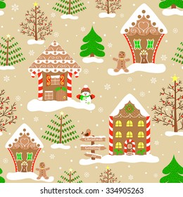 Seamless christmas pattern, endless background of christmas town. Vector illustration of gingerbread house, ginger man, snowman, christmas tree and other decoration. Winter holiday design, doodle art