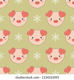 Seamless Christmas pattern with faces of pig. Design for fabric, wallpaper, textile and decor