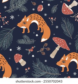 Seamless Christmas pattern with fairy foxes, Amanita muscaria mushrooms, branches and berries. Cute Autumn and Winter background with fly agaric mushroom.