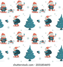 Seamless Christmas pattern with fairy gnomes, Christmas tree and gifts. Cartoon-style illustration.  Suitable for fabric, wallpaper, wrapping paper.