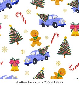 seamless Christmas pattern features blue trucks carrying decorated trees, gingerbread men, candy canes, golden bells with bows, and snowflakes on a white background.