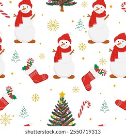 seamless Christmas pattern features snowmen in red scarves, decorated Christmas trees, stockings, candy canes, gold snowflakes, and tree doodles on a white background.