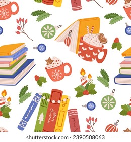 Seamless Christmas Pattern Featuring Books, Candles, Tree Branches And Cups, Creating Cozy Holiday Atmosphere With Warm Colors And Motifs For Festive And Comforting Design. Cartoon Vector Illustration