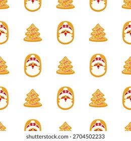 Seamless Christmas pattern featuring cartoon gingerbread cookies shaped like Santa Claus and decorated pine trees on a white background. Festive New Year winter design. Editable vector illustration.