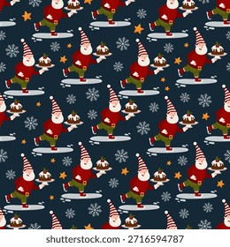 Seamless Christmas pattern featuring cheerful Santa Claus ice skating while carrying a festive holiday cake, surrounded by snowflakes and stars on a dark blue background. Playful winter illustration suitable for wrapping paper, textiles, wallpapers, stationery, packaging and holiday design projects