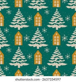 Seamless Christmas pattern featuring cozy yellow houses, snow-covered fir trees, and falling snow on a dark green background. Perfect for holiday gift wrapping, fabric, and seasonal decorations.