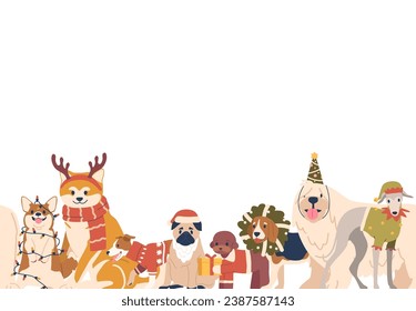 Seamless Christmas Pattern Featuring Cute Dog. Pug, Shiba, Inu Or Komondor, Corgi, Jack Russel With Puddle And Beagle
