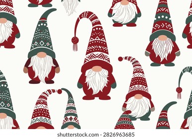 Patrón de Navidades sin fisuras con lindos gnomos escandinavos en sombreros con patrones rojos y verdes sobre un fondo blanco.