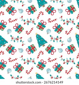 A seamless Christmas pattern featuring decorated trees, gift boxes, candy canes, ornaments, and string lights. Designed in a cheerful cartoon style on a white background