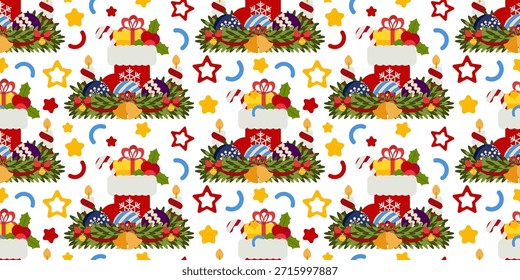 Patrón de Navidades sin fisuras con coronas decoradas con adornos y medias de Santa, rodeado de confeti de colores sobre fondo blanco. Ideal para textiles festivos y papel de regalo