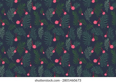 Seamless Christmas pattern featuring evergreen pine branches and bright red berries on a dark background. Perfect for holiday textiles, gift wrap, stationery, and seasonal decor