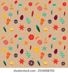 Seamless Christmas pattern featuring festive ornaments, stars, and holiday decorations in vibrant colors on a beige background. Perfect for gift wrap, holiday cards, textiles, and festive designs.