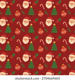 Seamless Christmas pattern featuring festive icons such as Santa hats, snowflakes, candy canes, and holiday ornaments