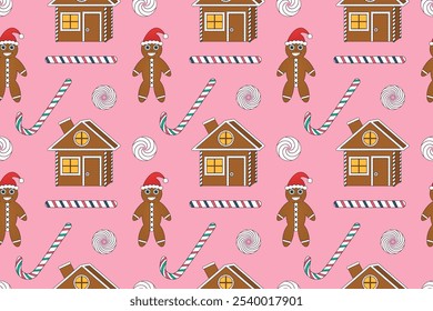 Seamless Christmas pattern featuring gingerbread houses, candy canes, and festive treats. Perfect for holiday wrapping paper and designs.