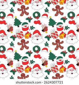Padrão de Natal perfeito com elementos desenhados à mão no estilo de arte lowbrow, incluindo Papai Noel, flocos de neve, ornamentos e presentes. Ótimo para têxteis, impressões, embalagens e projetos de férias.