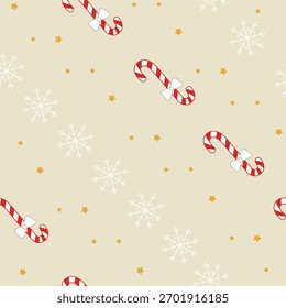 A seamless Christmas pattern featuring red candy canes with white bows, delicate snowflakes, and golden stars on a soft beige background. Perfect for holiday decor and wrapping.