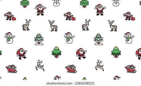 A seamless Christmas pattern featuring Santa Claus, reindeer, snowmen, and Christmas trees.
