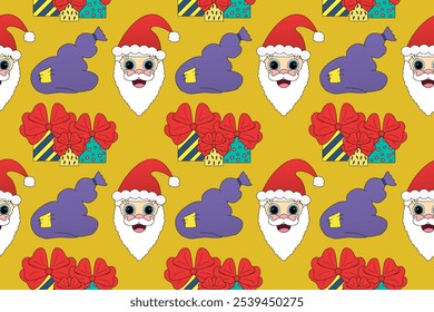 Seamless Christmas pattern featuring Santa faces, gift boxes with bows, and gift sacks. Perfect for festive holiday designs and decor.