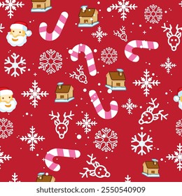 A seamless Christmas pattern featuring Santa faces, candy canes, reindeer, snowflakes, and gingerbread houses on a vibrant red background. Perfect for festive projects, gift wrap, and seasonal decor.