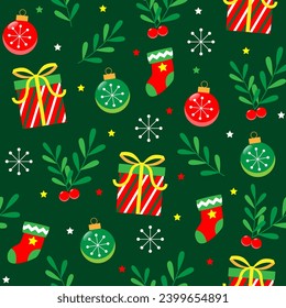 Seamless Christmas pattern featuring stockings, gift, christmas bauble and holly leaves. Perfect for festive wrapping paper, greeting cards, holiday-themed digital backgrounds, and textile designs.