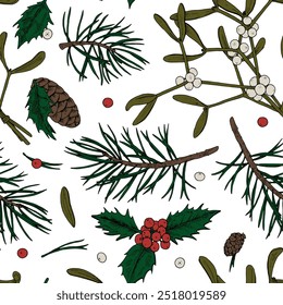A seamless Christmas pattern featuring vintage holly, mistletoe, and botanical elements. This vector illustration is perfect for wrapping paper, festive backgrounds, or decorative holiday textiles