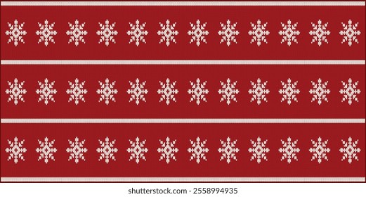 Seamless Christmas pattern featuring white snowflakes on a cozy red knitted background. Perfect for winter projects, holiday decorations, textiles, and festive designs.