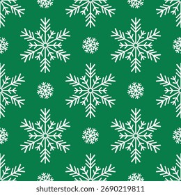 Un patrón de Navidades sin fisuras con copos de nieve blancos sobre un fondo verde festivo. Este Vector de vacaciones de invierno clásico es ideal para envolver papel, tela, fondos de Sitio web 