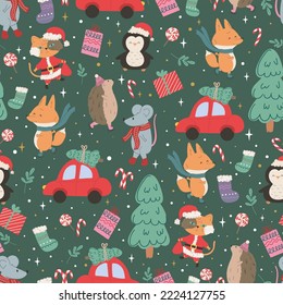 Seamless christmas pattern. Festive pattern with animals, red car and holiday elements