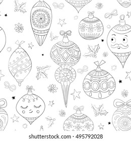 Seamless Christmas pattern. Festive background with holiday elements. Adult coloring book design. Black and white pattern for Christmas coloring page. Vector illustration