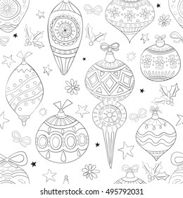 Seamless Christmas pattern. Festive background with holiday elements. Adult coloring book design. Black and white pattern for Christmas coloring page. Vector illustration