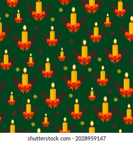 Seamless Christmas pattern. A festive candle with a bow, on a green background. Christmas design elements, vector. High-quality flat design. New Year, holiday.