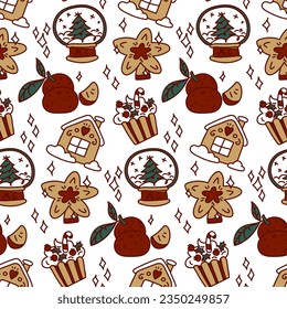 Seamless Christmas pattern with festive elements and a red outline. Happy texture of the winter holiday Christmas, New Year. Printing on textile and paper design in retro style. Packaging, postcards