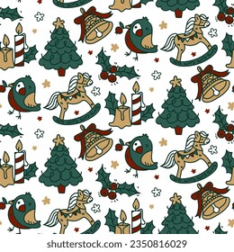 Seamless Christmas pattern with festive elements and green outline. Festive texture of the winter holiday Christmas and New Year. Printing on textile and paper design in retro style. Packaging