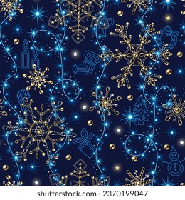 Seamless Christmas pattern with festive garland, blue lights, stars, sparkles, snowflakes made of jewelry gold chains. Outline icon of Christmas symbols behind.