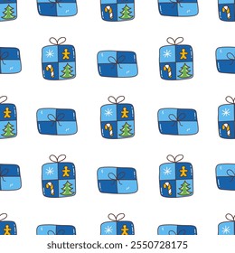 Patrón de Navidades sin fisuras con cajas de regalo festivas sobre fondo blanco. Felices Navidades y Feliz Año Nuevo. Vacaciones de invierno. Colorido Ilustración vectorial dibujado a mano doodle. Impresión para papel o tela