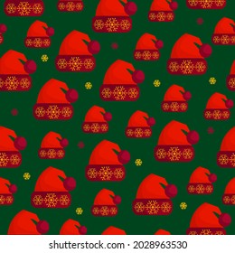 Seamless Christmas pattern. Festive Christmas hat, on a green background. Christmas design elements, vector. High-quality flat design. New Year, holiday.