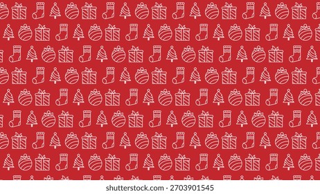 Seamless Christmas pattern with festive icons on red background. Perfect for wrapping paper, greeting cards, holiday decorations, and seasonal graphic design projects.
