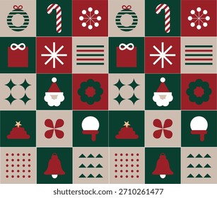 Nahtloses Weihnachtsmuster mit festlichen Symbolen wie Weihnachtsmann, Kränzen, Zuckerstangen, Glocken, Geschenken, Schneeflocken und geometrischen Wintersymbolen. Modernes Vektordesign in Rot, Grün und Beige.