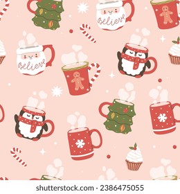 Seamless Christmas pattern with festive mugs. Vector graphics.