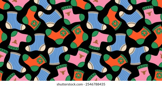 Seamless Christmas pattern with festive socks on a black background. Cozy stockings. Noel socks with snowflakes. Winter dark backdrop. Perfect for holiday wrapping, textiles, and seasonal decor.