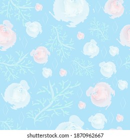 Seamless Christmas pattern, fir branch and Christmas balls, on a blue background, watercolor.