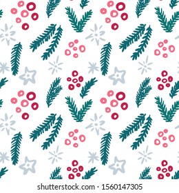 Seamless christmas pattern. Fir branches, berries and snowflakes.