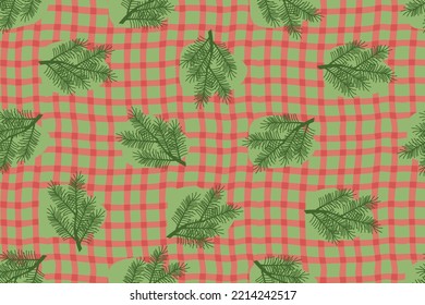 seamless christmas pattern with fir branches and plaid background. Vector design for paper, fabric and other surface.