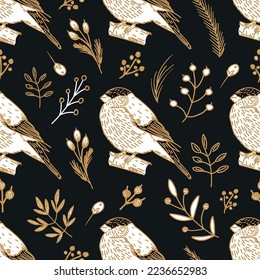 Seamless Christmas pattern with fir branches, flowers, birds. Drawn winter bird bullfinch. Vector illustration for wrapping paper design, background, textile, wallpaper, fabric, cards.