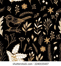 
Patrón de Navidad sin inconvenientes con ramas de abetos, flores, pájaros. Pintar el ratón de los pancos de invierno con un estilo vintage. Ilustración vectorial para el diseño de papel envoltorio, fondo, textil, papel tapiz, tela y tarjetas.