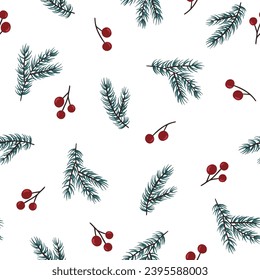
Seamless Christmas pattern with fir branches and holly berries. Can be used for fabric, paper printing, cards, posters and more.