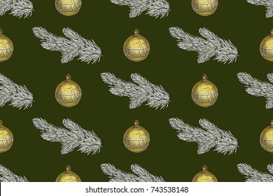 Seamless Christmas pattern with fir branches and Christmas toys on a green background.