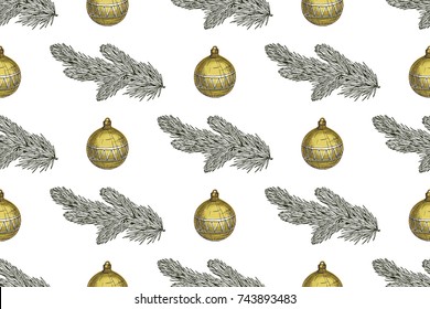 Seamless Christmas pattern with fir branches and Christmas toys on a white background