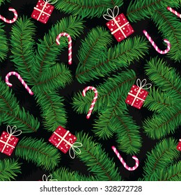 Seamless Christmas pattern with fir paws. Beautiful Christmas background. Vector illustration.