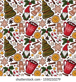 Seamless Christmas pattern with fir tree and mug with hot drink and marshmallow. Endless texture for textile, scrapbook or wrapping paper, cute New year vector pattern. Gingerbread,Holly berries, Star
